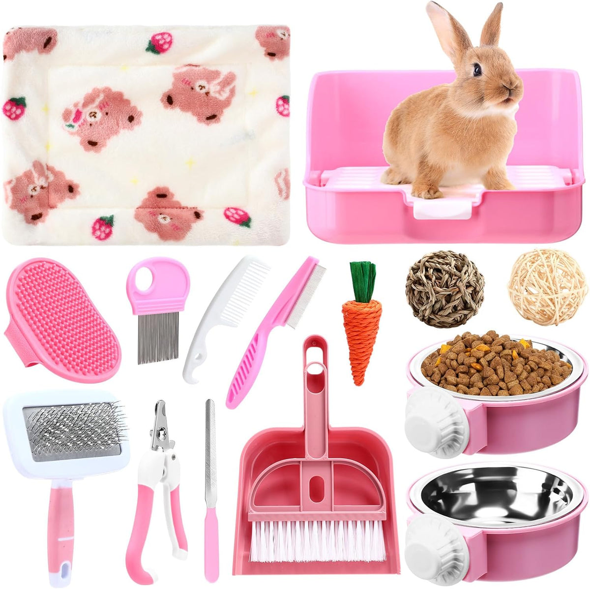 15 Pcs Rabbit Starter Kit Small Rabbit Litter Box Animal Grooming Kit Bunny Toys Bowl Blankets with Cleaning Set for Guinea Pig Accessories(Pink)