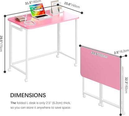 4NM 31.5" Mobile Small Rolling Computer Desk, Folding Laptop Cart Table with Wheels, Portable Office Desk for Small Space Couch Bed - Pink and White