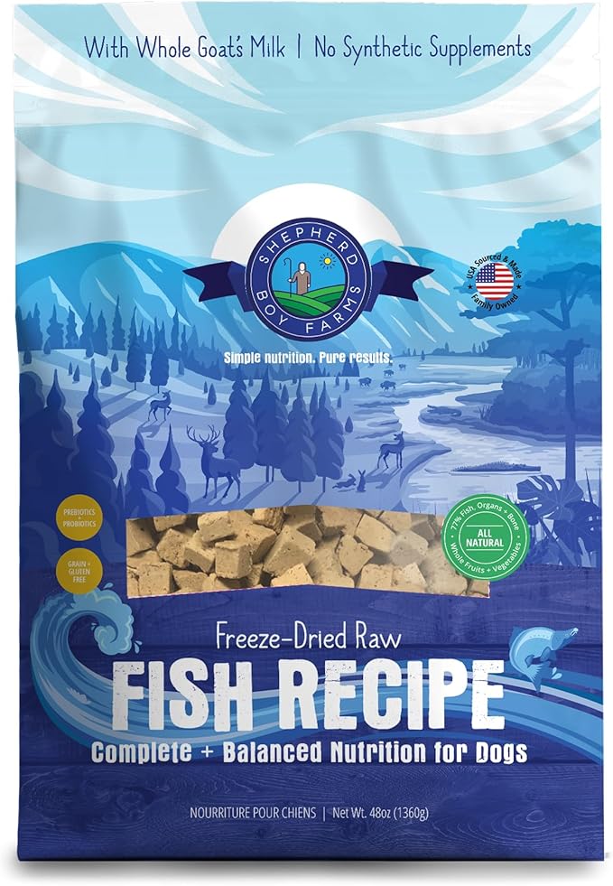 Shepherd Boy Farms Freeze Dried Raw Dog Food, Fish Medley Recipe, All Natural, No Synthetics, Made in USA with Goat's Milk & Organic Produce, High Protein, Complete Meal (48oz)