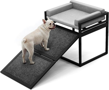 Non Slip Dog Ramp with Seat Extra Wide Seat Doggie Mate Stairs Grey | Metal Frame Puppy Chair for High Bed Couch Office,Dachshunds Ladder,Washable Cushion Pet Step for Small Old Pets,Cat Ladder