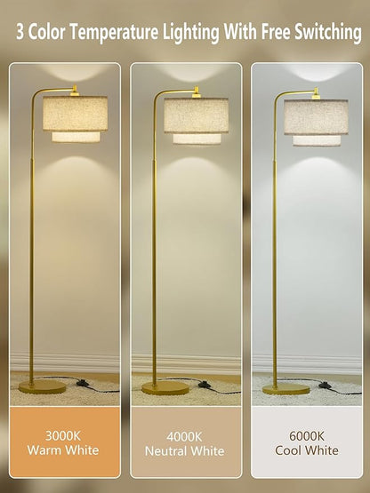 64" Modern Floor Lamp for Living Room Bedroom, Arc Floor Lamp with 3 Color Temperatures, Standing Lamp with Double Oatmeal Linen Lampshade, Tall Lamp with A19 12W LED Bulb, Foot Switch Control, Gold