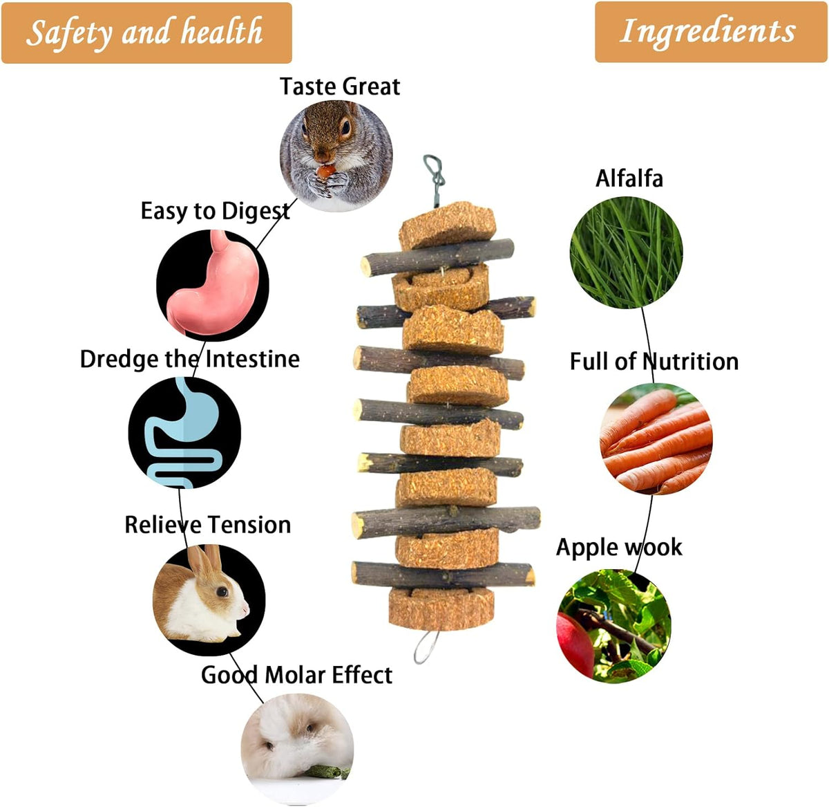 PINVNBY Rabbit Chew Toys for Teeth Hanging,Natural Apple Bunny Chew Sticks Small Animals Molar Wood for Rabbits Chinchillas Guinea Pigs Hamsters Small Pet Chewing Improve Dental Health(4 Pcs)