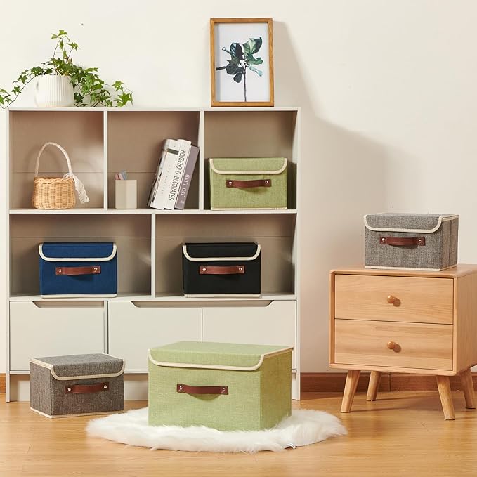 2PCS Storage Boxes with Lid Cotton Linen Fabric Storage Bins Organizer Container Decorative Collapsible Washable Shelf Closet Baskets Faux Leather Handles Home Bedroom (Green, Large Size)