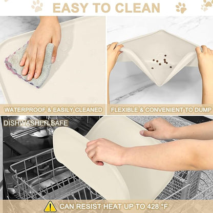 SMILOOL Waterproof Silicone Pet Food Mat with Raised Edge for Dog & Cat | 19" x 12" Non-Slip Pet Feeding Mats with Lip for Food & Water Bowl, Food Grade, Easy Cleaning, White Sand