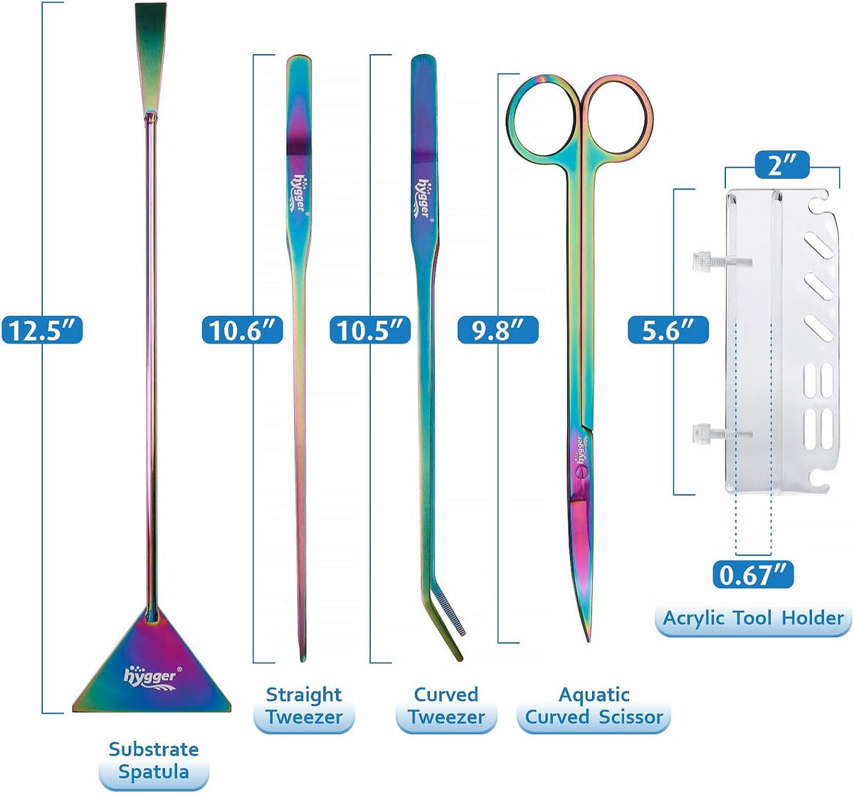 hygger 6-in-1 Long Aquarium Aquascaping Tools Kit, Color Stainless Steel Premium Aquatic Plant Tweezers Scissors Spatula Kit Comes with 1 Tool Holder and 1 Cleaning Cloth, for Fish Tank Starters