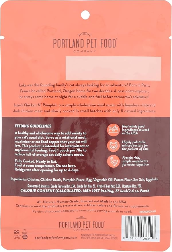 Portland Pet Food Company Human-Grade Mixed Variety Pack Wet Cat Food Pouch Luke's Chicken N' Pumpkin - Moist, Soft Cat Food Mixer, Topper, and Rotational Meal - 12 Pack
