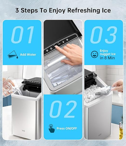 WIE Nugget Ice Maker Countertop 40LBS/24H, Chewable Pellet Ice Makers 8 Mins