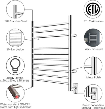 HEATGENE Towel Warmer Wall-Mounted Hardwired Heated Towel Rack Hot Towel Bar