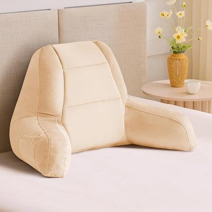 IASEAHK Reading Pillows for Sitting in Bed Adult, Back Pillow for Bed Sitting Up, Backrest Pillows with Shredded Foam for Adult&Teens, Support Pillow with Arms for Beds, Couch, Floor, 18in, Beige