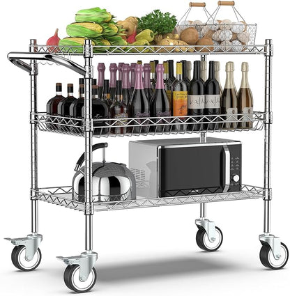 Leteuke 3 Tier Rolling Carts with Wheels, Heavy Duty Rolling Utility Cart,NSF Commercial Grade Metal Cart with Handle&Shelf Liner,Trolley Serving Cart for Kitchen,Restaurant,Plant Display,Chrome