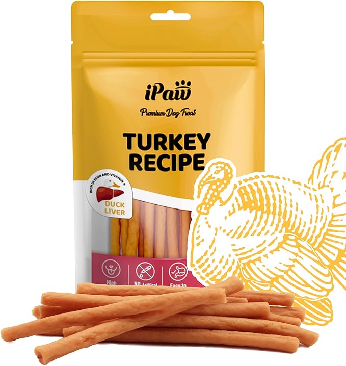 iPaw Turkey Dog Treats, All Natural Human Grade Dog Treat, Suitable for Training chew, US Sourced Raw Material, Hypoallergenic, Rawhide Alternative, Thin Stick (Duck Liver)
