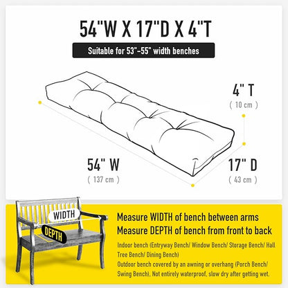 SUNROX LokGrip Non Slip Tufted Memory Foam Bench Cushion, FadeShield Water Resistant Durable Thicken Outdoor/Indoor Bench Seat Pads 54x16x4 inch, Heather Charcoal