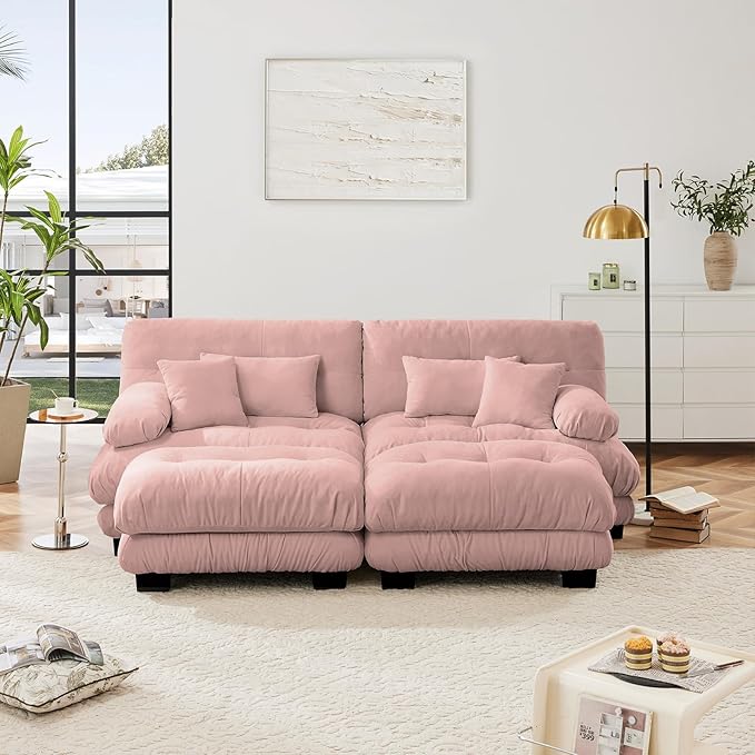 94.4" Loveseat Sofa, 2 Seater Modular Sectional Sofa, Pink Large U Shaped Sectional Couches, Fluffy Chenille Cloud Couch with Ottoman, Deep Seat for Living Room
