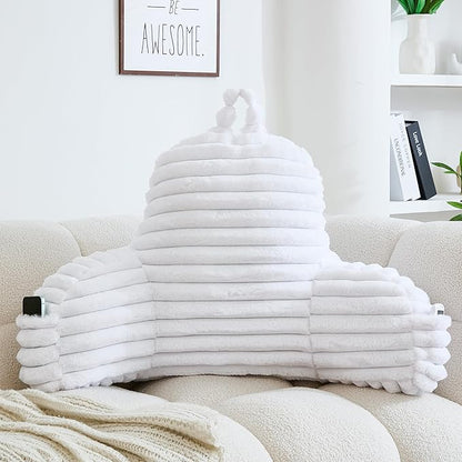 WERDIM Reading Pillow for Sitting in Bed, Faux Fur Back Pillow for Rest, Bed Chair Pillow with Arms and Pockets(XLarge, White)