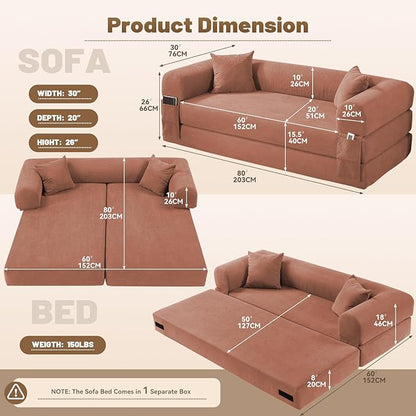 Convertible Folding Sofa Bed,80" Pull Out Couch with Pillows & Storage Pocket,Modular Futon Bed Corduroy Queen Sleeper Sofa in a Box,Compression Boneless Couch for Living Room,Pink