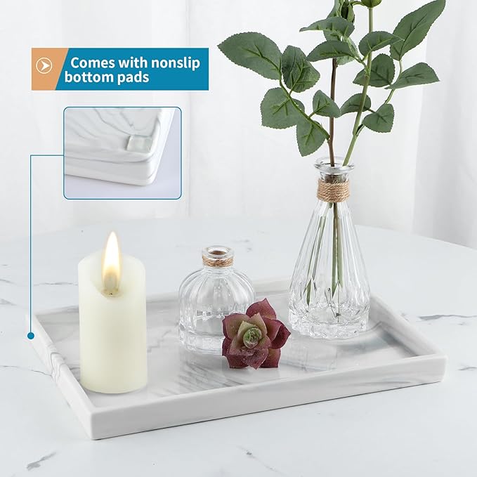 12" Large Ceramic Vanity Tray, Rectangle Perfume Plate Organizer, Jewelry Holder Dish, Non Slip Decorative Tray for Bathroom, Bedroom, Kitchen, Coffee Table (Marble Grey)