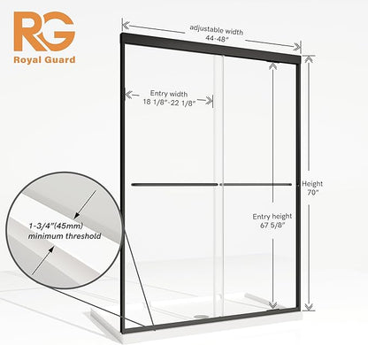 Shower Door, Royal Guard 44-48" W x 70" H Semi-Frameless Double Sliding Glass