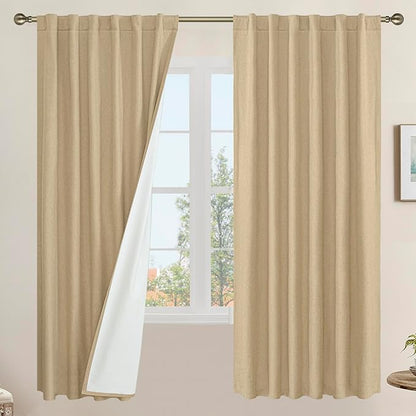 LAMIT Natural 100% Blackout Linen Curtains, 72 Inches Linen Textured Living
