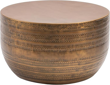 Modern Round Aluminum Hammered Embossed Texturing Metal Drum Coffee Table, Hand-Stamped Iron, Boho Accent Cylinder Drum Coffee Table, Cocktail Table, for The Living Room and Bedroom, Brass