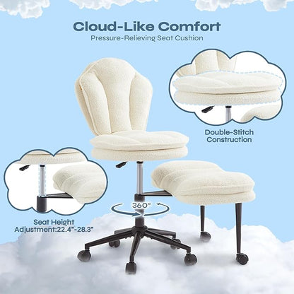 Ergonomic Cross Legged Office Chair for ADHD, Kneeling Chair with 360° Swivel Wheels and Reversible Seating for Meditation, Adjustable Height and Seat Deapth, Teddy Fabric, White