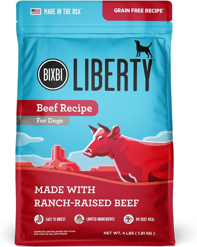 BIXBI Liberty Grain Free Dry Dog Food, Beef, 4 lbs - Fresh Meat, No Meat Meal, No Fillers - Gently Steamed & Cooked - No Soy, Corn, Rice or Wheat for Easy Digestion - USA Made
