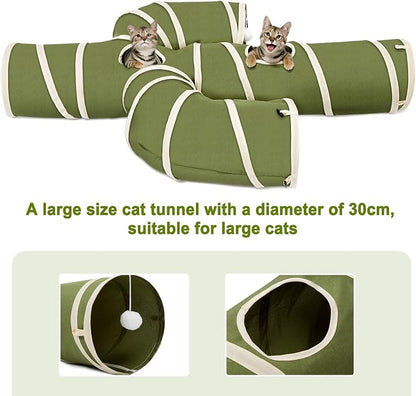 Ownpets Cactus Cat Tunnel 12" with Peek Holes for Indoor Large Cat, Green | Durable Oxford fabric, noise-free, foldable & connectable, multi-cat friendly, tube for cats up to 20lb, includes ball & wand
