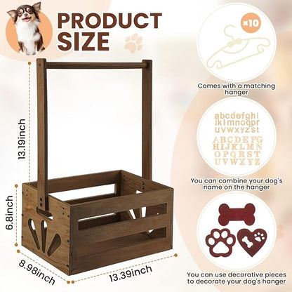 Teenyyou 20 x 13 x 9 Wooden Dog Closet Pet Wardrobe Crate Box with Hanging Rods and Personalized Alphabet Letters Easy Assembly Baskets for Dog Cat Toys Clothes Accessories(Dark Walnut)