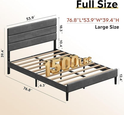 WLIVE Full Size Upholstered Bed Frame, Velvet Square Tufted Headboard,Sturdy Metal & Wooden Slats Support, No Box Spring Needed, Light Grey