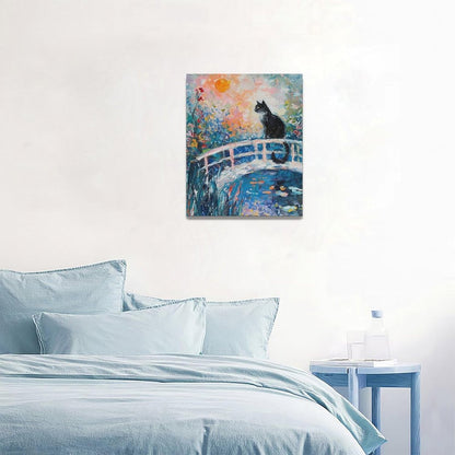 Quorin Black Cat Wall Art Water Lily Sunset Pictures Cat Wall Decor Impressionism Canvas Print Painting Artwork for Bathroom Living Room Bedroom 16"x20"