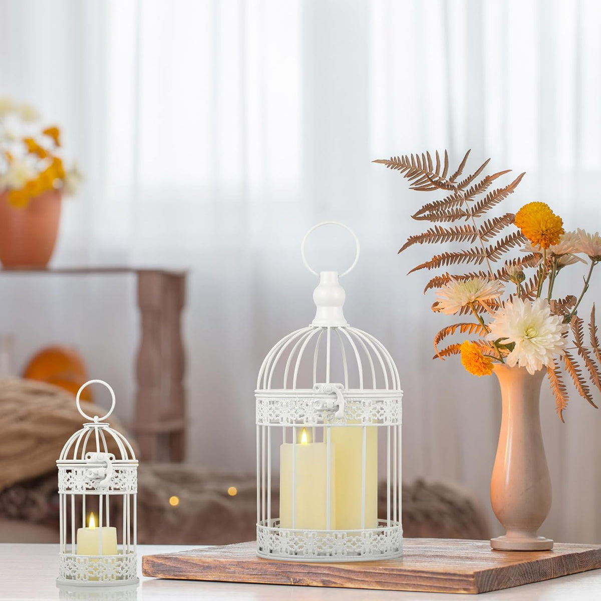 Sliner 4 Pcs Bird Cage Decorative Candle Holder Vintage Candle Holder Cage Lanterns Model for Modern Table House Home Decoration(White)