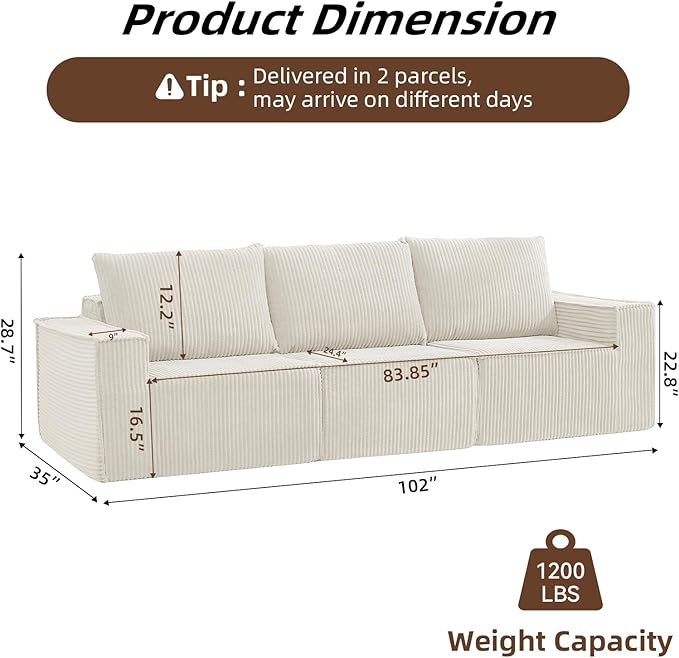 102” Boneless Modular Couch, 3 Seater Cloud Sofa for Living Room, Modern Sectional Sofa with Deep Seat, Comfy Fluffy Loveseat Couch, No Assembly Required, Beige