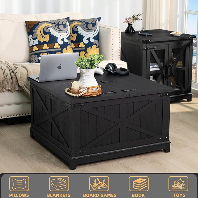 Farmhouse Coffee Table Sets 2 Pieces, Narrow Night Stand with Glass Barn Door Storage, Large Coffee Tables with Hidden Storage Organizer, Wood Furniture Sets for Living Room, Office, Black