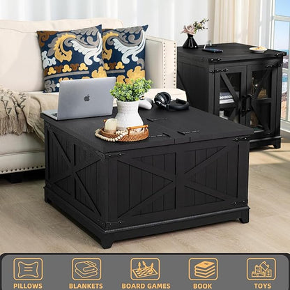 Farmhouse Coffee Table Sets 2 Pieces, Narrow Night Stand with Glass Barn Door Storage, Large Coffee Tables with Hidden Storage Organizer, Wood Furniture Sets for Living Room, Office, Black