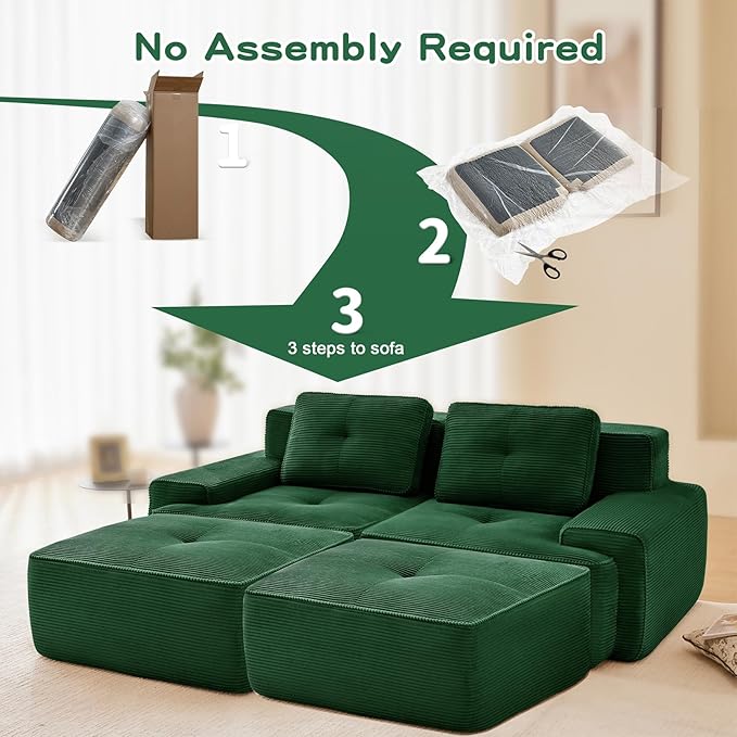 80" Modern Corduroy Boneless Love Seat Couches with 2 Ottomans, 2 Seater Large Sectional Couches for Living Room, Green Cloud Modular Sectional Sofa, Memory Foam, Extra Deep Loveseat, No Assembly