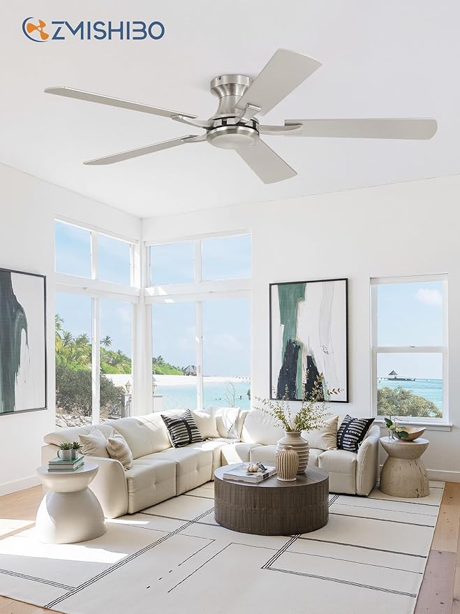 ZMISHIBO 52 Inch Ceiling Fan No Light, Flush Mount Low Profile, Modern Nickel