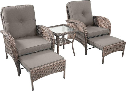 Rilyson Wicker Patio Furniture Set - 5 Piece Balcony Furniture Set with Hidden Ottomans, Rattan Outdoor Patio Chairs with Side Table for Porch Deck Poolside Garden Brown/Grey