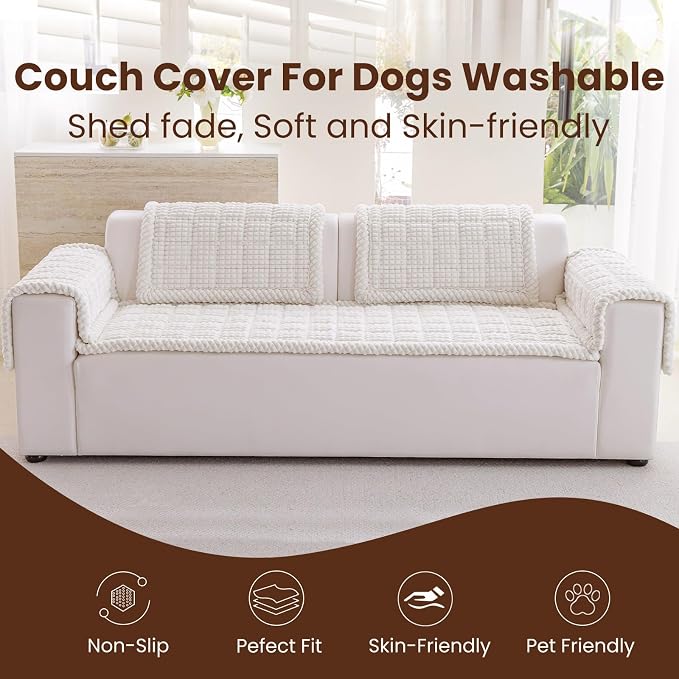 Couch Cover for Dogs Washable, Non Slip Couch Covers for 3-4 Cushion Sofa Pet Friendly, Fuzzy Pet Couch Cushion Covers for Dog,Thick,Soft for Sofa Protector (White, 27.6" x 82.7"/70 x 210cm)