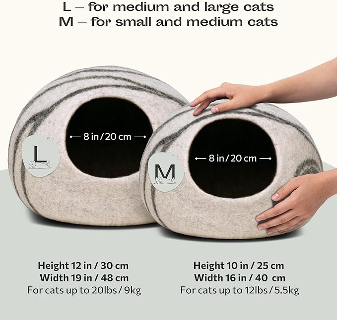 MEOWFIA Cat Cave – Premium Felt Cat Bed for Indoor Cats, Handmade 100% Merino Wool (Light Grey, Medium)
