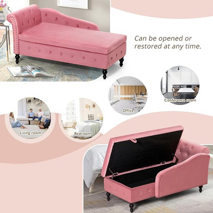 ACMEASE Upholstered Velvet Chaise Lounge with Left Armrest & Storage Space,Button Tufted Lounge Chair w/Lumbar Pillow,Modern Lounge Chair for Bedroom, Living Room and Office,Pink