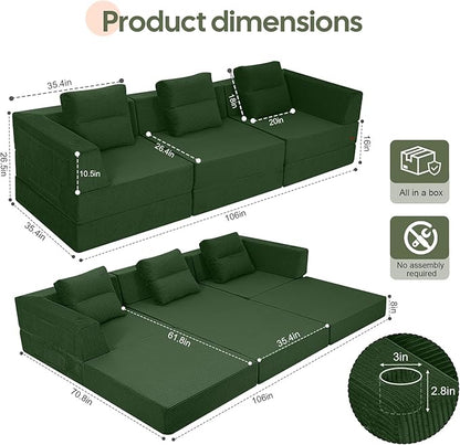 COMAX Futon Sofa Bed 3 Seater, 106" Convertible Sofa Bed Couches for Living Room, 4 in 1 Folding Boneless Sleeper Corduroy Couch Foam in a Box, Comfy Foldable Lounge Fold Out Floor Mattress, Green