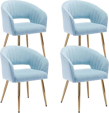 KCC Modern Accent Dining Chairs Set of 4, Upholstered Velvet Dining Room Chairs with Hollow Back, Tufted Kitchen Chairs Side Chairs with Gold Metal Legs for Living Room Restaurant, Baby Blue