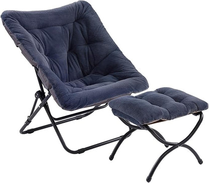 Givjoy Comfy Folded Chair with Ottoman, Oversized Folding Faux Fur Chair Soft Furry Lounge Lazy Chair with Metal Frame Moon Chair Accent Chair for Bedroom, Living Room, Dorm Rooms
