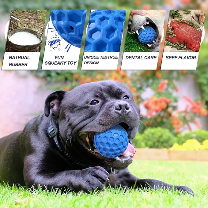 Squeaky Dog Balls, Indestructible Dog Toys for Aggressive Chewers Large/Medium Breed, Natural Rubber Interactive Chew Toys for Teeth Clean, Relieves Anxiety (Blue)