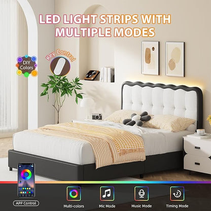 BarnFurin Full Size Bed Frame with LED Lights, Full Bed Frame with Headboard LED Lights, Upholstered Platform Bed with Cloud Headboard, No Box Spring Required, Easy Assembly, Black