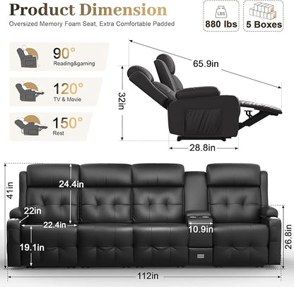 Aotolo Recliner Sofa, Massage Reclining Sofa 4 Seater Sets Heavy Weight Capacity, RV Loveseat Couch Clearance with Console, USB, Type C Port, Storage, Cup Holders, Wall Hugger Chair for Living Room