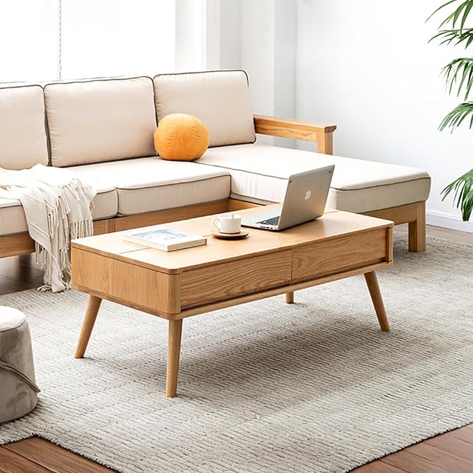 100% Solid Wood Lift Top Coffee Table for Living Room, Mid Century Modern Tables with Drawers and Large Storage, Oak Coffee Tables for Small Spaces (Oak Wood Log, 47.24" W x 23.62" D x 25.59" H)