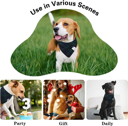 E-Clover Dog Bandanas Boy & Matching Scrunchie Set Plaid Dog Scarf Kerchief for Medium Large Dog Pet Bandana Owner Gifts Blue Green Fall