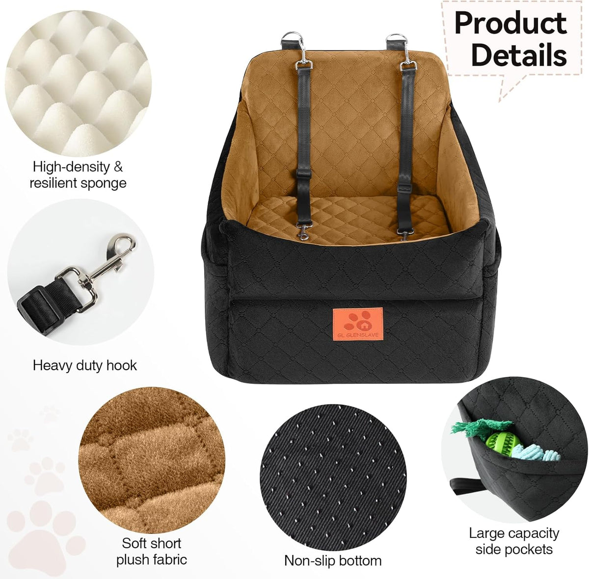Dog Car Seat for Small/Medium Dogs, Dog Booster Car Seats with Thick Cushion for Dogs Under 35lbs, Detachable Washable Pet Car Seat with Storage Pockets, 2 Safety Belts(Black/Coffee)