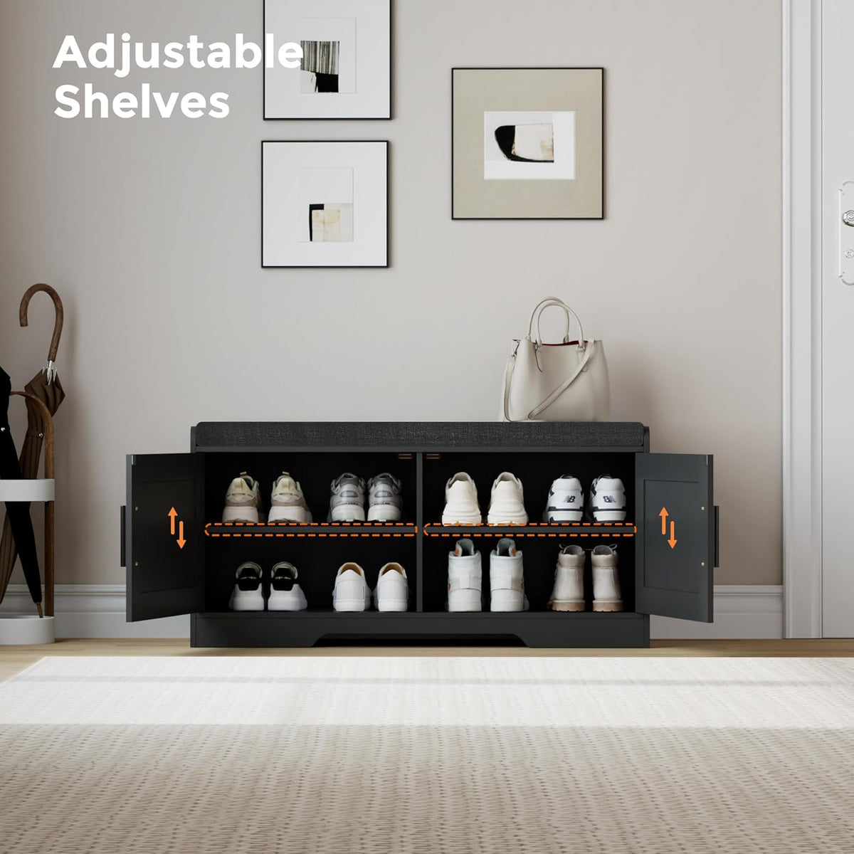 2-Tier Storage Bench, Shoe Bench with Thickened Padded Seat Cushion, Entryway Bench with 2 Doors, Adjustable Shelf, 13.8" D x 37.4" W x 18.5" H, for Entryway, Living Room, Bedroom, Black