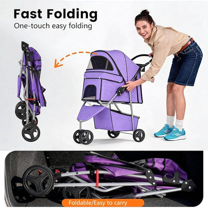 BestPet | 3-Wheel Pet Stroller | Purple | Foldable Dog and Cat Stroller | Breathable Mesh | Lightweight, Waterproof Travel Carrier with Cup Holder & Storage Basket | for Daily Walks & Outdoor Use